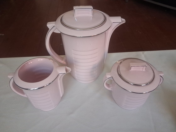 Image 1 of Servizio da caffè/tè Art Déco originale - Epiag, Cecoslovacchia (anni '20/'30) - Porcellana rosa con bordo argentato