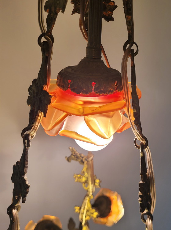 Image 1 of Art-Nouveau Chandelier Ca. 1920 - Alabaster & Glass