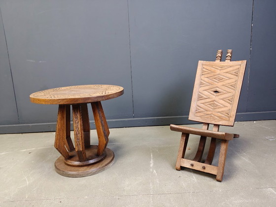 Image 1 of African Ceremonial Chief Chair with table Hand Carved Wood 1960s 
