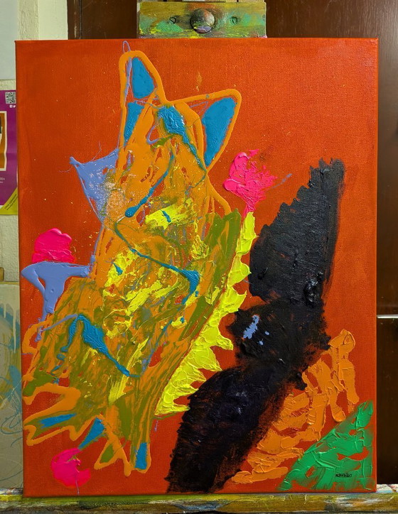 Image 1 of Abstract Expressionist Cat and Bat Painting Oil Drip Painting and Pallet Knife Acrylic Paint red primed canvas unframed 35x45cm 