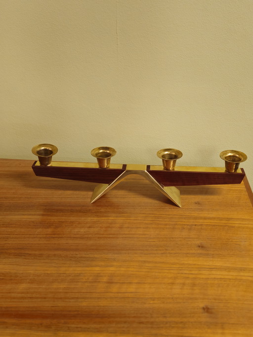 Vintage Teak Teak Wood Brass Candlestick Candle Holder
