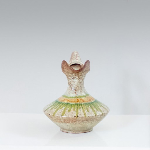 1x 1960s Italian Modern Ceramic Jug, Beige and Green, Bertoncello Manufacturer