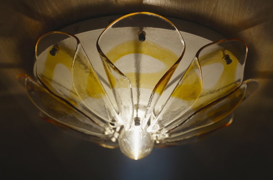 Image 1 of 1970s Amber Glass Petal Ceiling Light, Murano Style Flush Mount, Vintage Hand-Blown Mid Century MCM Lamp