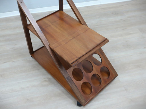 Chariot de bar géométrique vintage en bois de noyer des années 1970