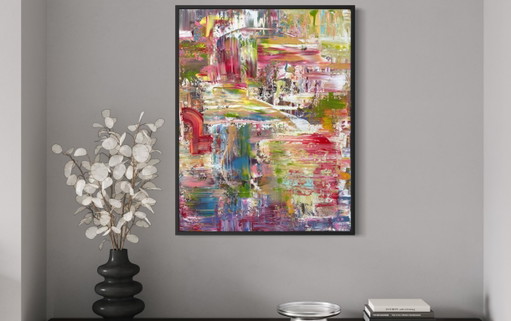 Œuvre d'art 90 x 70 cm avec cadre flottant noir.