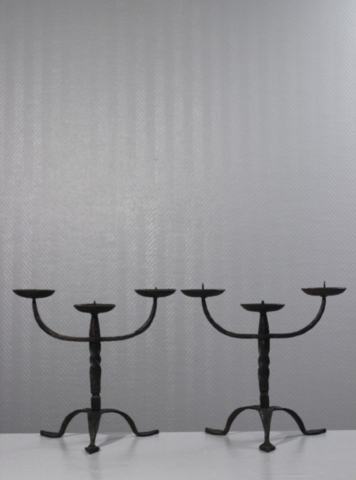 Pair of Pique Cierge Candelabre Wrought Iron Vintage Brutalist Design Circa 1950