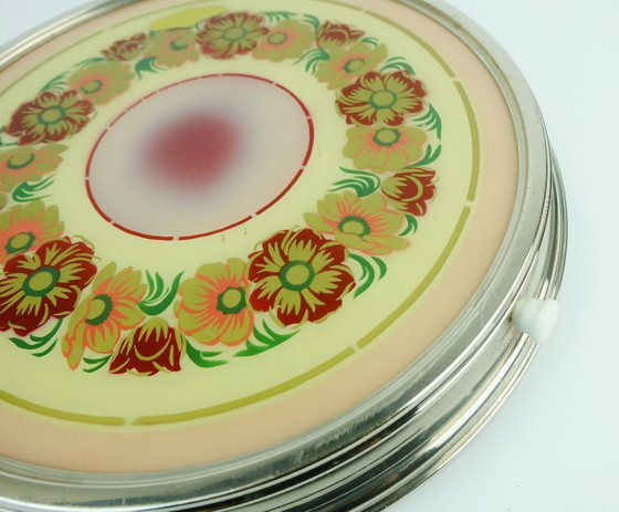 Image 1 of 1930s Rotatable Cake Platter Glass Chrome Cake Plate Floral Decor