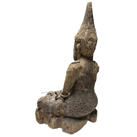 Estatua antigua de Buda Shan de madera – Birmania/Myanmar – Siglos XVIII/XIX – con antiguo sello de (photo 7 of 10)