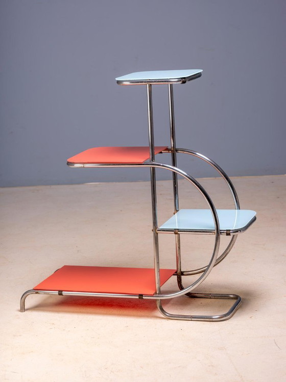 Image 1 of Bauhaus Steel Plant Stand by Emile Guyot for Thonet, Colored Glass Shelves, Circa 1930s, Czechoslovakia, 90 × 30 × 105 cm