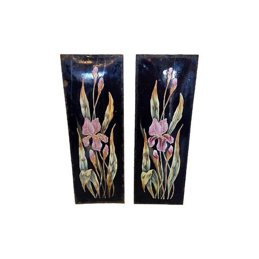 Französische Jugendstil-Emailleplatten mit Iris um 1900
