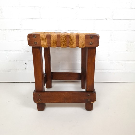 Image 1 of Vintage brutalist krukje touw zitting / hout jaren 50/60