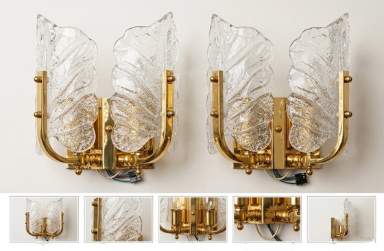 Image 1 of Zeldzaam paar "Leaves" kunstglazen wandlampen van Carl Fagerlund voor Orrefors - Zweden, jaren 1960-1970