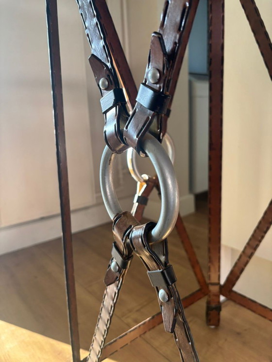 Image 1 of Unique set of 3 console tables – France, 1970s – in the style of Jacques Adnet – iron (imitation leather) and glass