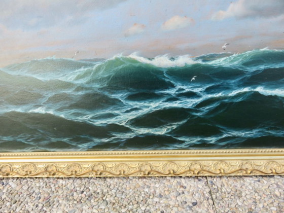Image 1 of Dipinto incorniciato raffigurante un oceano molto agitato 45 cm x 76 cm