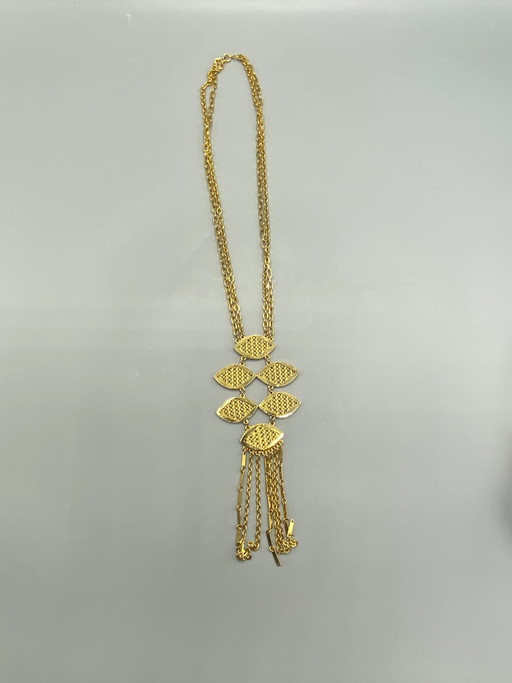 Vintage Gold-Tone Long Necklace with Articulated Pendant and Tassels – decoratieve objecten, Metal (photo 2 of 6)