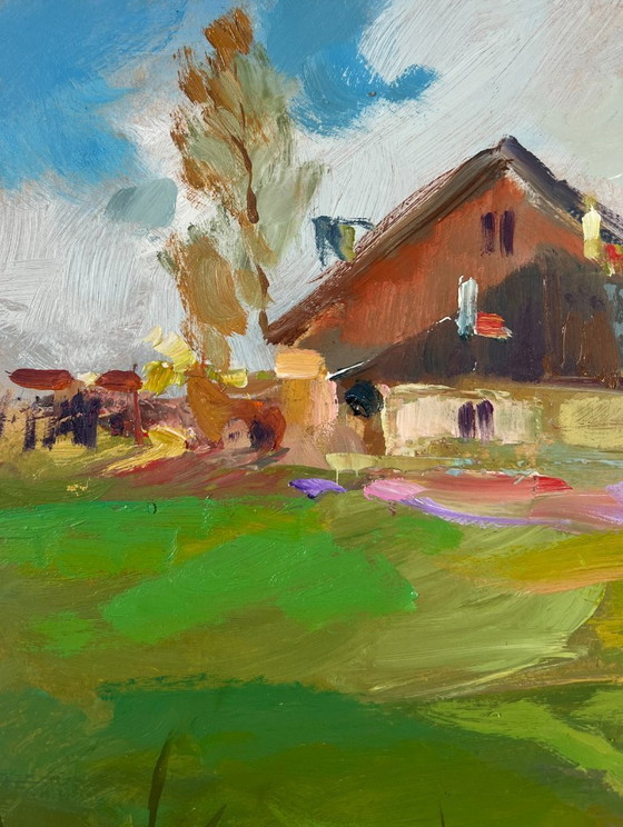 Image 1 of Peinture à l'huile originale représentant un paysage côtier estival et un village avec un ferry.