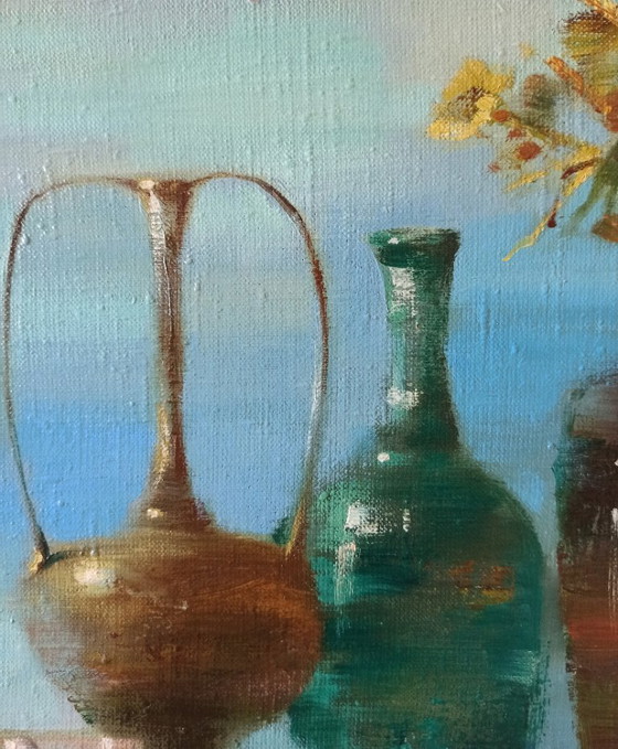 Originales Ölgemälde Abstraktes Flaschen-Früchte-Stillleben – Gemälde & Zeichnungen, Canvas (photo 5 of 12)