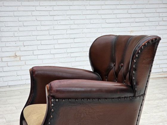 Image 1 of 1930s, Danish armchair, brown furniture leather, velour.