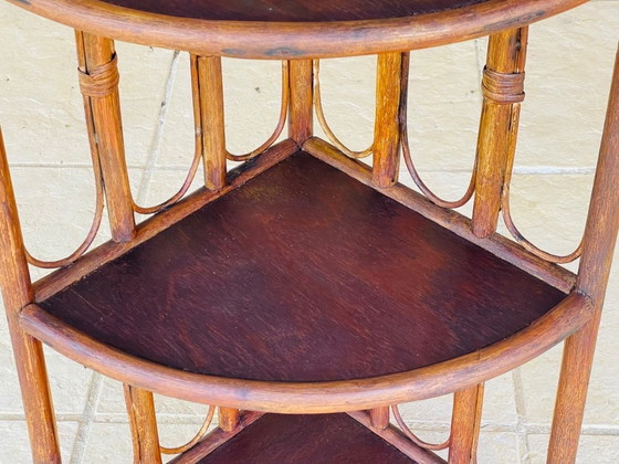 Image 1 of Mid-Century Bamboo & Rattan 3-Tier Corner Shelf, 1960s
