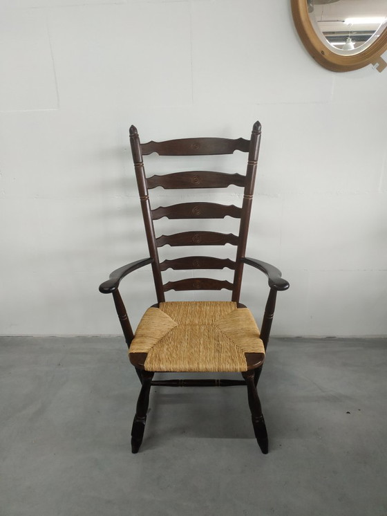 Image 1 of Poltrona da camino in legno vintage con seduta in vimini