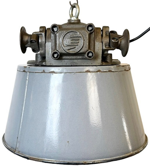 Large Industrial Grey Enamel and Cast Iron Pendant Light, 1960s