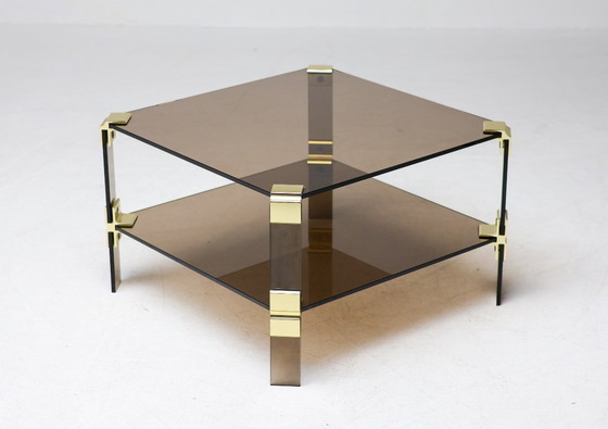 Image 1 of HOLLYWOOD REGENCY BRASS & SMOKED GLASS COFFEE TABLE CHIC TWO TIER END TABLE