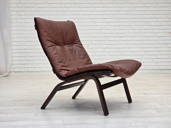Image 1 of Anni '70, poltrona danese di Farstrup, mobili in pelle, tela, legno curvato.
