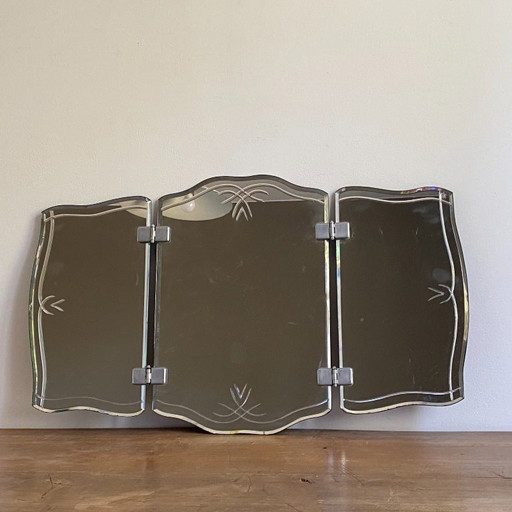 Miroir triptyque de barbier. 1950. Biseauté. 