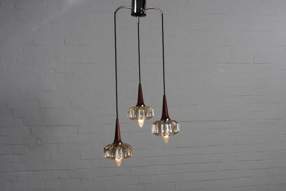 Drievlammige plafondlamp in ebbenhout en glas vintage lamp – Hanglampen, Crystal, Scandinavian (photo 2 of 11)
