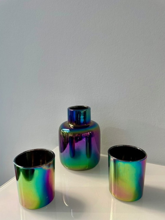 Image 1 of Conjunto de jarrón multicolor y 2 candelabros – efecto arcoíris