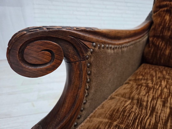 Image 1 of 1930-35s, Danish 3-seater sofa, furniture velour, furniture mesh, carved ash wood.