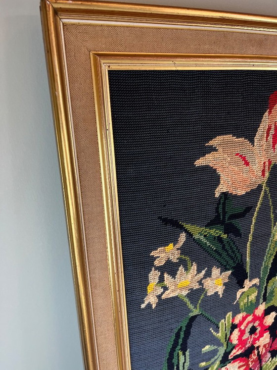 Tapisserie vintage bouquet de fleurs, Objets d'art, Textile, Bois, Noir (photo 4 sur 6)