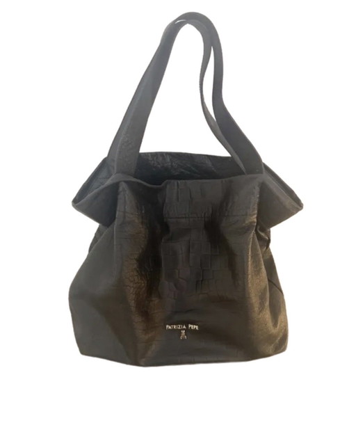 Patrizia Pepe Shopper aus schwarzem Leder – Große Handtasche – Krokodilprägung – tote tassen, Calfskin