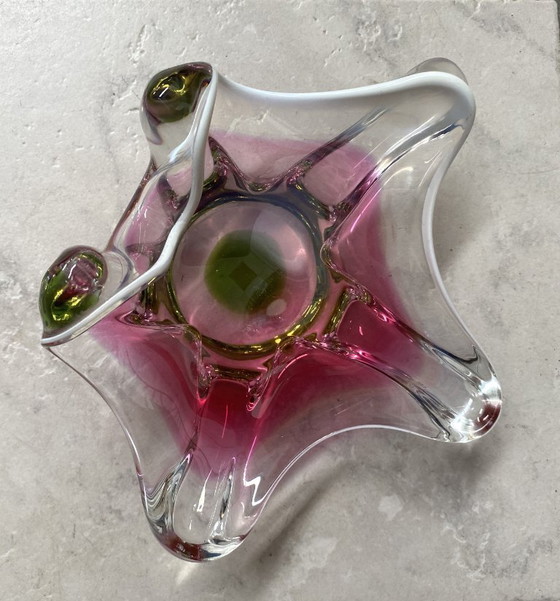 Image 1 of Cuenco de cristal rosa y verde de Josef Hospodka, década de 1960