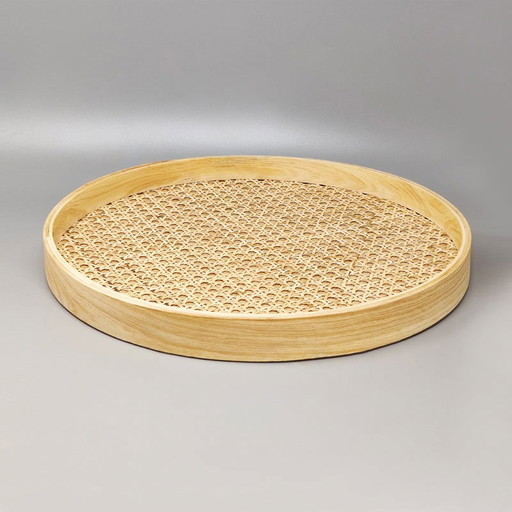 Plateau rond Mid Century en paille de Vienne
