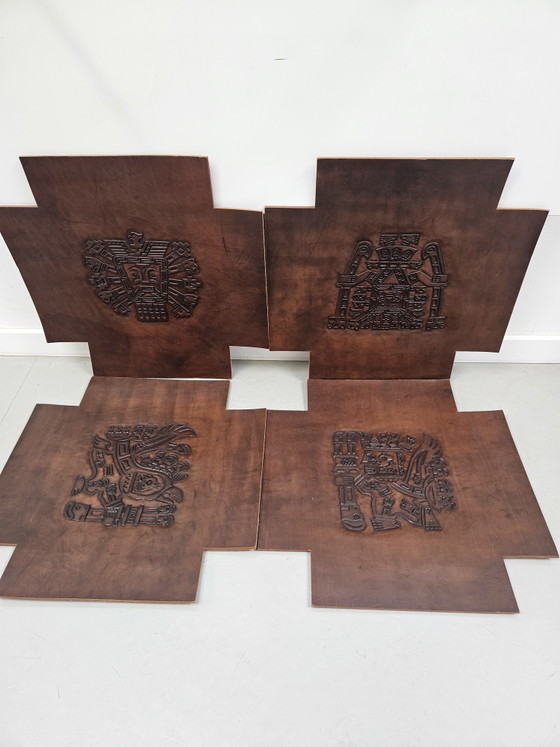 Image 1 of Set van 4 Vintage Leren Wandpanelen/Meubelinzetten Stijl Angel Pazmino 