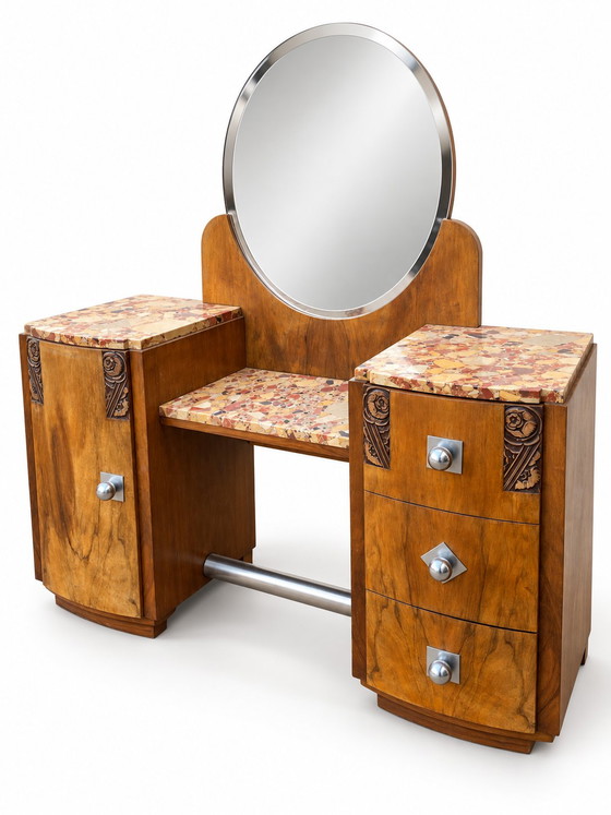 Set Toeletta Art Déco 1930 in Noce con Piano in Marmo e Comodino – Tolette, Wood, Marble (photo 3 of 14)