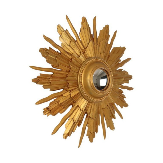 Image 1 of Vintage Houten Zonnespiegel Sunburst Convex Goud 46cm