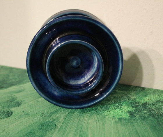 Image 1 of Ceramic candle holder, blue, hand-painted with red flowers