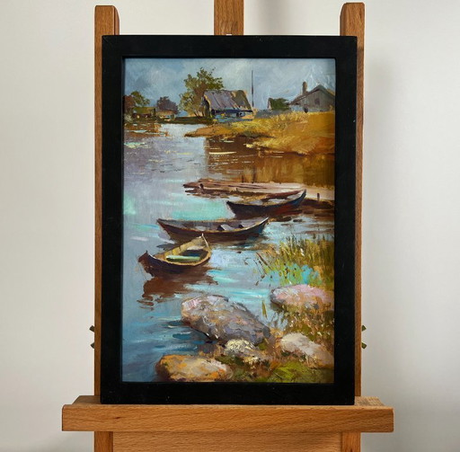 Origineel olieverfschilderij: Herfstlandschap van een dorp. Er is een jachthaven in het dorp.
