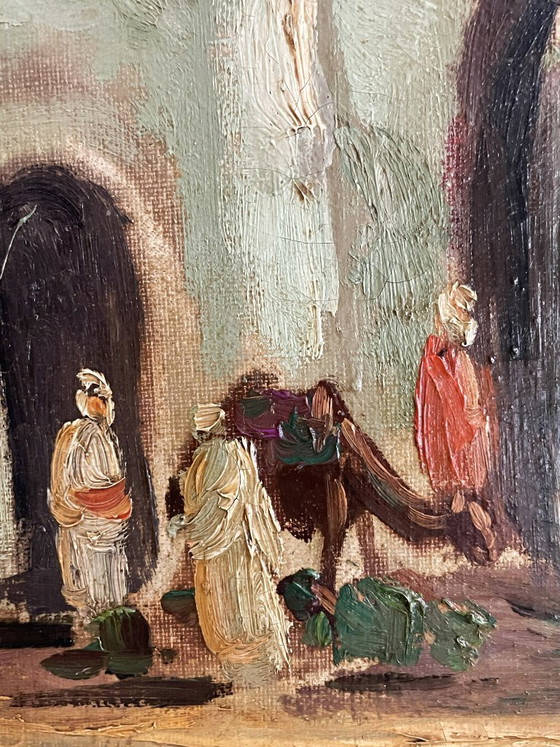 Dipinto a olio con scena orientale, firmato AB 95, Dipinti e disegni, Tela, Legno, Verde, Figuratief (foto 4 di 6)