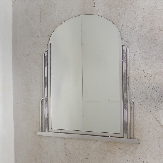 Image 1 of Specchio Art Déco con vetro tagliato e cornice in alluminio, anni &#39;30