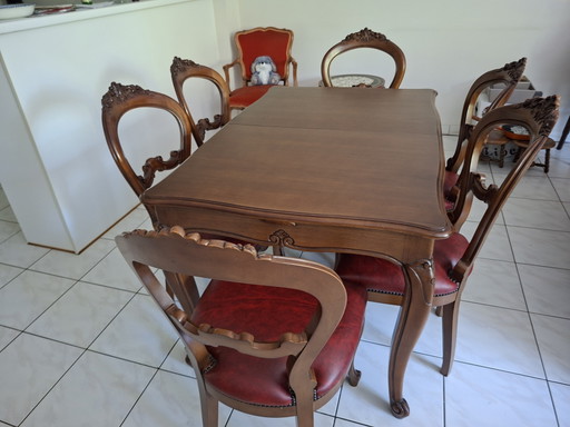 Komplettes Set: Mahagoni-Holztisch mit 6 Stühlen. Stil Louis XV. – eetkamerset, Leather, Wood (photo 2 of 4)