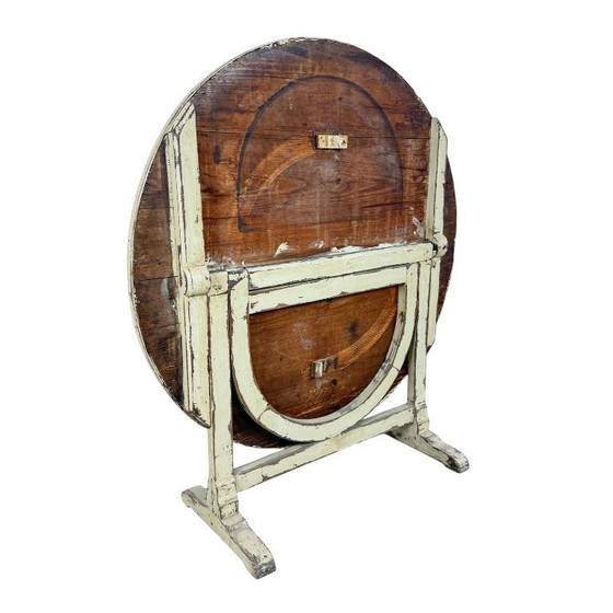 Image 1 of Antieke Franse inklapbare wijntafel met metalen blad – rustieke bistrot bijzettafel
