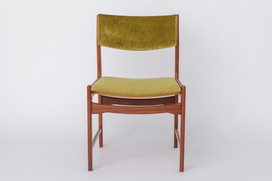 Image 1 of Vintage Teak Dining Chairs, Set of 4, Germany 1970s, Mid Century Modern Chairs, Newly Upholstered Green Seats, Scandinavian Styl