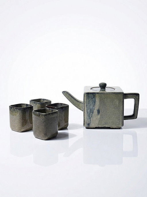 Chinese glazed earthenware tea set, teapot and 4 cups, 1980s