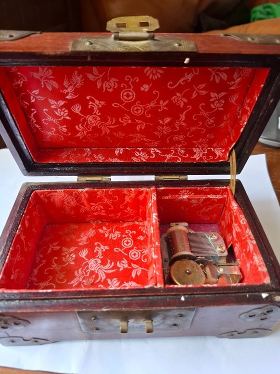 Image 1 of Vintage Chinese Rosewood Musical Jewelry Box with Jade & Brass (Shanghai, 1970s)