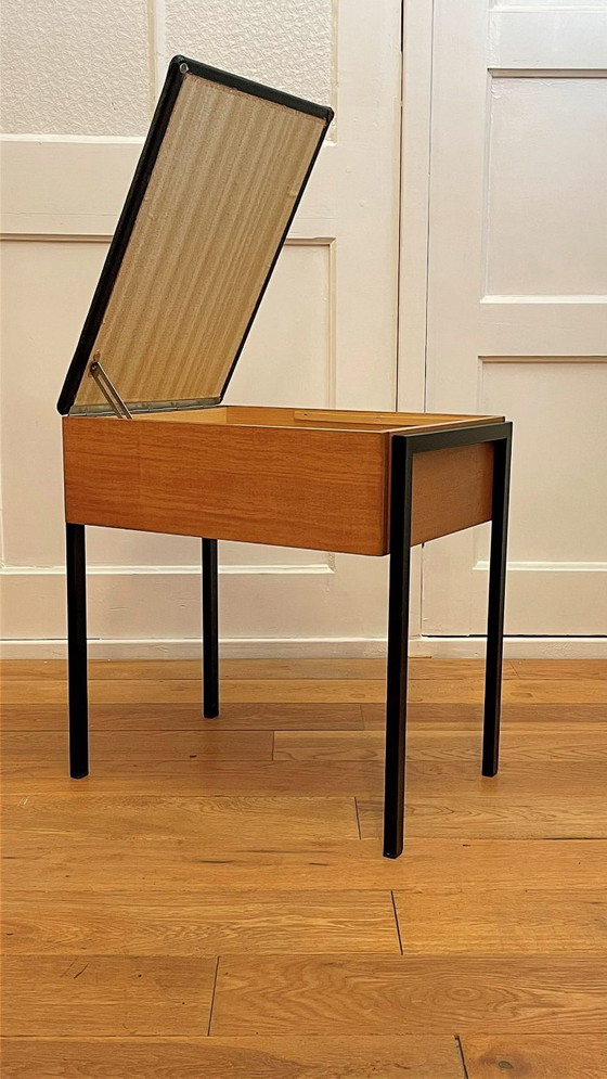 Image 1 of Sgabello da cucito vintage con spazio di archiviazione di Aristo – teak e metallo