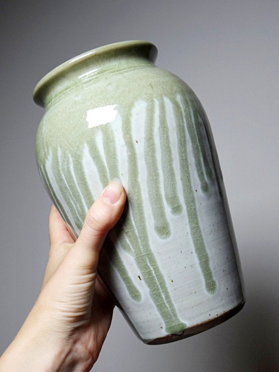 Image 1 of Wabi-Sabi modernist stoneware vase with vintage ash glaze