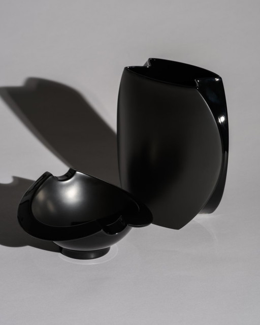 Jan van der Vaart pour Rosenthal Vase en porcelaine noire et duo de bols Nautica, Allemagne